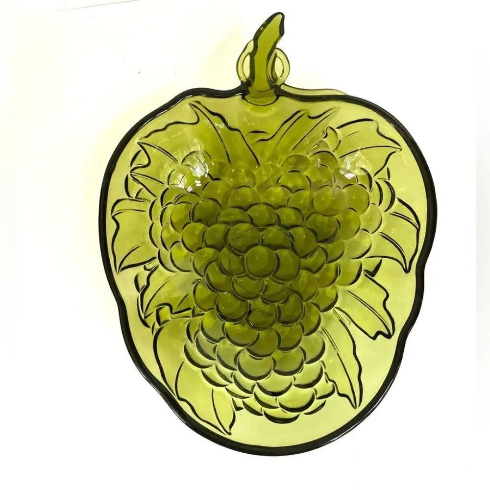 Indiana Glass Avocado Green Grape Shaped Pressed Glass Serving Dish Vintage